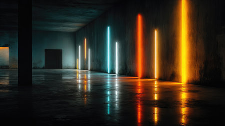 A striking interior scene showcasing colorful neon lights along textured walls. This modern art space offers a unique ambiance with reflections on polished floors.の素材
