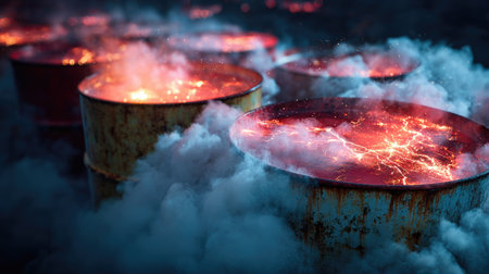 A captivating scene showing barrels in an explosive eruption, surrounded by vibrant smoke and fiery sparks, evoking tension and danger in an industrial setting.の素材