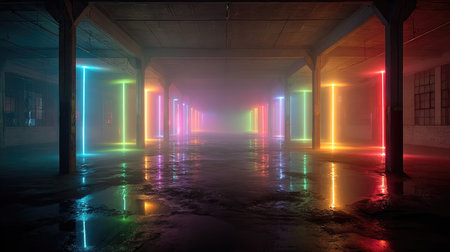 This captivating image showcases vibrant neon lights in an abandoned warehouse, creating a surreal atmosphere with colorful reflections on the wet floor.の素材