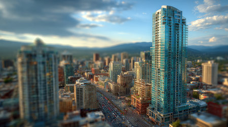 This captivating aerial image showcases a modern skyscraper set against a stunning urban landscape, highlighting a bustling city at sunset.の素材