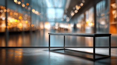 A striking industrial table made of metal and wood stands elegantly in a contemporary setting, featuring a blurred background that enhances the warm lighting ambiance.の素材