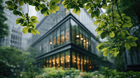This captivating image showcases a sleek glass building enveloped by vibrant green foliage, creating a striking contrast in an urban landscape.の素材