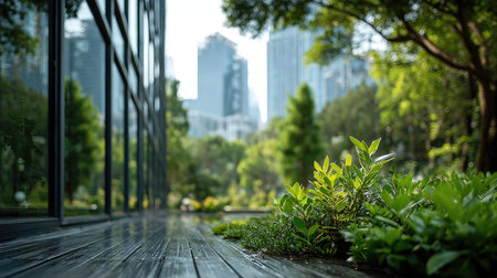 A serene urban garden path lined with lush green plants and vibrant foliage, featuring a stunning cityscape in the background under bright sunlight.の素材