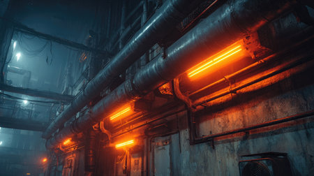 A captivating view of an industrial pipe system illuminated by neon orange lights, creating a dramatic atmosphere in a futuristic warehouse environment.の素材