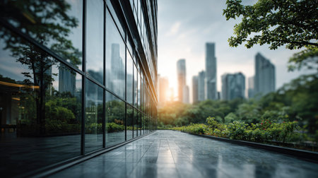 A stunning modern urban landscape showcasing a glass building reflecting a vibrant city skyline against a backdrop of lush greenery and a sunset sky.の素材