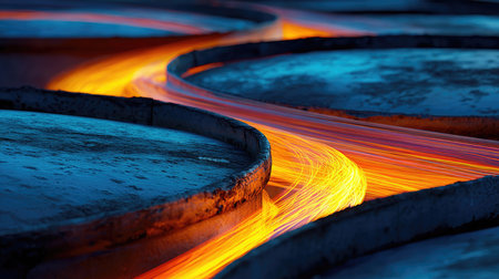 This stunning image captures a vibrant flow of light and color over circular metal surfaces, showcasing an abstract industrial design that evokes energy and motion.の素材