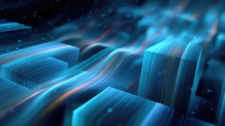 This captivating image features abstract blue light waves flowing through a digital landscape, creating a mesmerizing visual effect of motion and energy.の素材