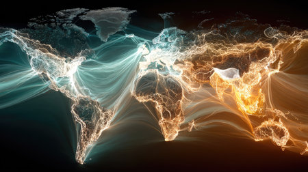 This artistic representation illustrates global connectivity via colorful light trails over a world map, symbolizing digital interactions and movements across continents.の素材