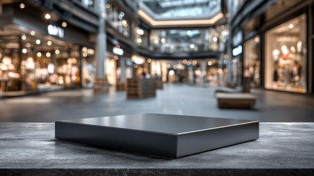 A minimalistic display stand showcased in a modern shopping mall, surrounded by a blurred, elegantly designed interior. The warm lighting creates an inviting atmosphere, perfect for product presentation.の素材