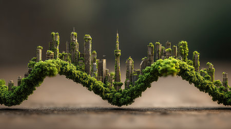 This captivating image portrays a unique blend of nature and urban design, showcasing a skyline adorned with lush greenery, symbolizing eco-friendly architecture.の素材