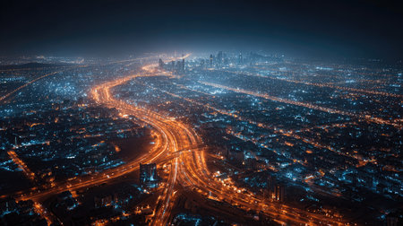 This aerial shot showcases a stunning nighttime urban landscape, highlighting vibrant city lights and winding roads that create a mesmerizing pattern, celebrating the beauty of modern life.の素材