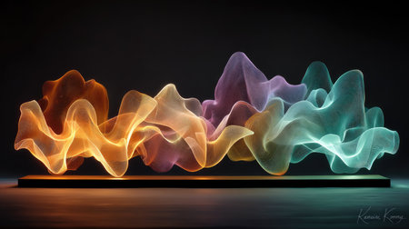 This captivating image showcases vibrant abstract waves of light and fabric textures flowing fluidly against a dark backdrop, perfect for creative projects.の素材