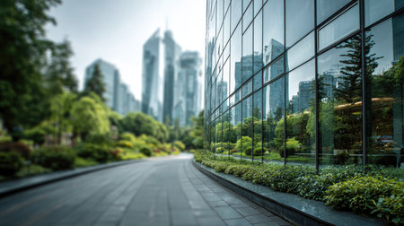 A serene modern city skyline is beautifully reflected in a sleek glass building, surrounded by lush greenery, creating a tranquil urban landscape perfect for relaxation.の素材