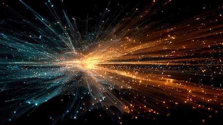 This captivating abstract image depicts a stream of luminous light particles in stunning blue and orange hues, creating an energetic cosmic sensation.の素材