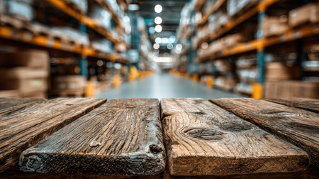 This image features a close-up view of rustic wooden planks set against a blurred background of a spacious warehouse with shelves. The scene captures a warm, natural texture while emphasizing the industrial setting. Perfect for various design and editorial projects.の素材