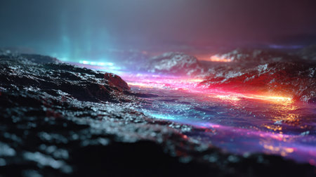 A mesmerizing scene featuring ethereal neon glows dancing over a rocky surface with reflective water. This dreamlike landscape exudes serenity and beauty.の素材