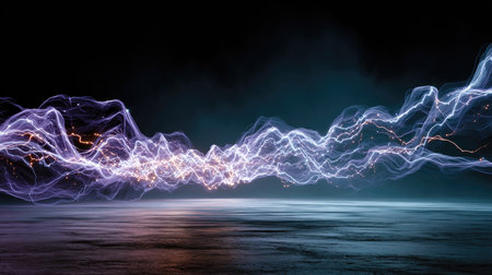 This abstract image captures a dynamic display of light waves in vibrant colors, showcasing a sense of energy and motion. Perfect for artistic projects.の素材