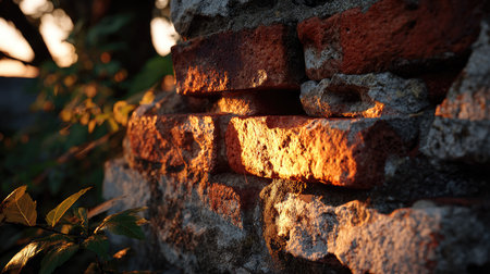 Soft warm light casts a golden glow on an aged brick wall, highlighting the rich textures and natural greenery in a serene outdoor environment.の素材