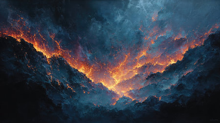 A breathtaking view showcasing a fiery eruption against a dramatic sky, with luminous orange highlights piercing through dark, brooding clouds.の素材