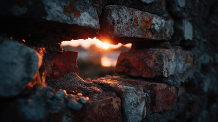 This captivating image showcases sunlight filtering through a weathered brick wall, emphasizing stunning textures and natural beauty at dusk.の素材