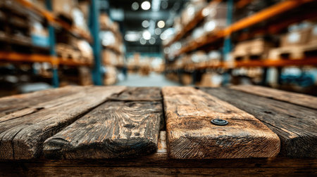 This image showcases a close-up view of a rustic wooden plank on a table, set against a blurred warehouse backdrop with industrial shelving, conveying a warm and inviting atmosphere.の素材