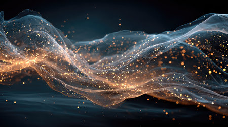 This captivating abstract image portrays an elegant flow of ethereal lights and shimmering particles, creating a magical atmosphere against a dark backdrop.の素材