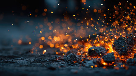 This captivating image showcases glowing sparks and ashes from a fire against a dark background, evoking a sense of warmth and intensity.の素材