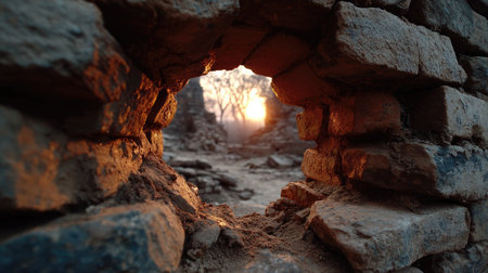 A captivating view of sunlight filtering through an ancient stone wall, showcasing the beauty of decay and nature at sunset, evoking exploration and history.の素材