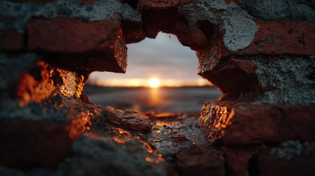 A captivating sunset view framed by a broken brick wall, showcasing warm colors and a serene atmosphere. The interplay of light and shadow creates a stunning visual experience.の素材