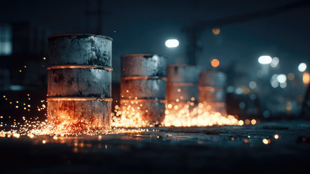 A captivating night scene featuring steel drums emitting glowing sparks, creating an industrial ambiance. The urban backdrop enhances the dramatic atmosphere.の素材