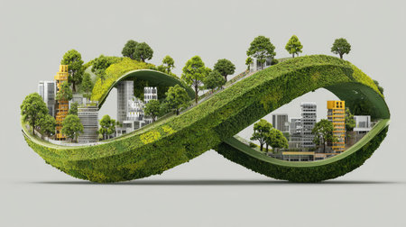 This imaginative artwork depicts a sustainable city model shaped like an infinity symbol, combining urban structures with lush greenery, symbolizing harmony between nature and urban life.の素材