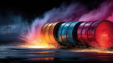 A stunning visual of colorful oil barrels creating sparks against a dark backdrop. The scene captures energy and motion, emphasizing vibrant colors and dynamic lighting.の素材