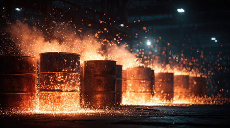 A stunning image capturing the intense glow of molten steel surrounded by flying sparks in an industrial warehouse, evoking a sense of energy and danger.の素材