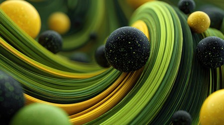 This stunning abstract digital artwork features swirling patterns in green, black, and yellow, enhanced by spherical elements, creating a dynamic visual experience.の素材