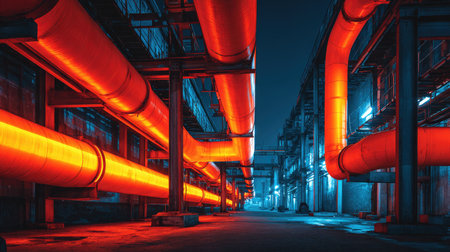 A captivating view of an industrial warehouse showcasing bright red pipelines contrasted by cool blue lights. This urban night scene captures modern architecture and intricate details.の素材