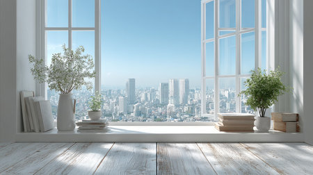 A captivating view of a vibrant city skyline through a modern window, perfect for evoking feelings of tranquility and freshness in a warm indoor space.の素材