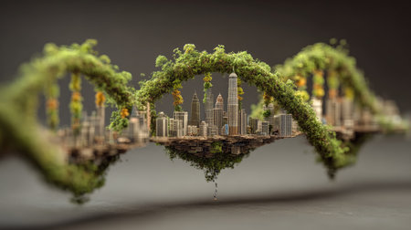 This captivating image showcases a unique blend of urban landscape and nature, portraying a DNA helix design that symbolizes sustainability and innovation in architecture.の素材