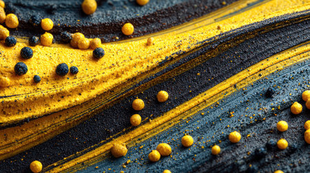 This stunning abstract image features flowing black and yellow swirls adorned with colorful particles, creating a dynamic and vibrant background perfect for creative projects.の素材