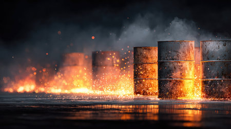 This striking image captures the dramatic eruption of flames and sparks from industrial drums, set against a dark and smoky backdrop, evoking a sense of danger and environmental impact.の素材