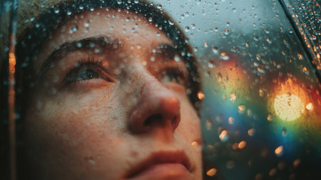This captivating close-up features a person gazing through a rain-soaked window, with raindrops glistening and colorful bokeh in the background, evoking deep emotions.の素材