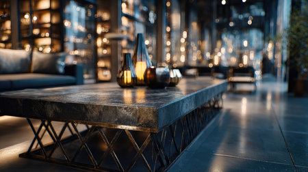 This image features a modern living room with a stylish coffee table, accentuated by warm ambient lighting that creates a cozy and elegant atmosphere.の素材