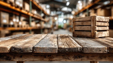 This captivating image features a rustic wooden crate placed on a weathered table. The warehouse background, with blurred shelves filled with cardboard boxes, adds depth and context, highlighting the charm of wooden textures and industrial design.の素材