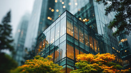 This striking image captures a modern glass building enveloped by vibrant autumn foliage, showcasing a perfect blend of urban architecture and nature.の素材