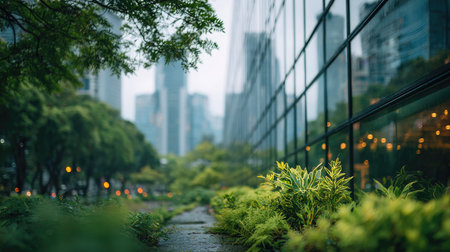 A serene urban scene featuring lush green plants along a sidewalk, complemented by sleek glass buildings under a foggy sky, embodying the beauty of nature.の素材