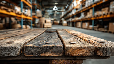 A rustic wooden table sits prominently in the foreground of a spacious warehouse filled with shelves of boxes. The blurred background highlights the industrial setting, creating a sense of depth and perspective. This image captures the essence of storage and organization in a clean, modern environment.の素材