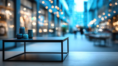 A captivating view of a modern table featuring decorative vases set against a stylish outdoor shopping area, highlighted by artistic blurred lights.の素材