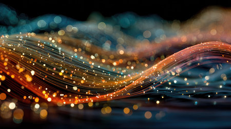 This abstract image showcases elegant waves of light filled with colorful particles. The vibrant flow creates a sense of depth and motion, perfect for digital themes.の素材