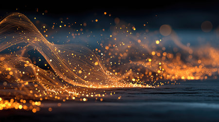 This stunning abstract image features waves of glowing particles set against a dark background, perfect for digital art and design projects seeking elegance and warmth.の素材