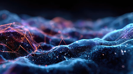 This captivating abstract image depicts a digital landscape featuring glowing lines and vibrant colors, creating a mesmerizing futuristic visual experience.の素材