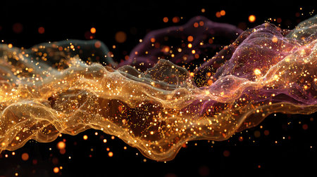 This captivating abstract image showcases a colorful wave with shimmering particles and glowing energy, set against a dark background, perfect for creative projects.の素材